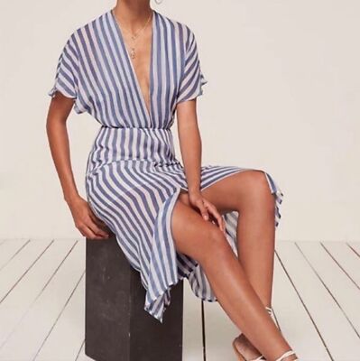 Reformation Positano Blue White Stripe Georgette V-Neck Midi Dress | eBay