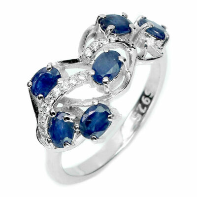 Blue Sapphire Ring  Size 7 US  6 Stones 4x3mm Solid Silver 14K White Gold Finish