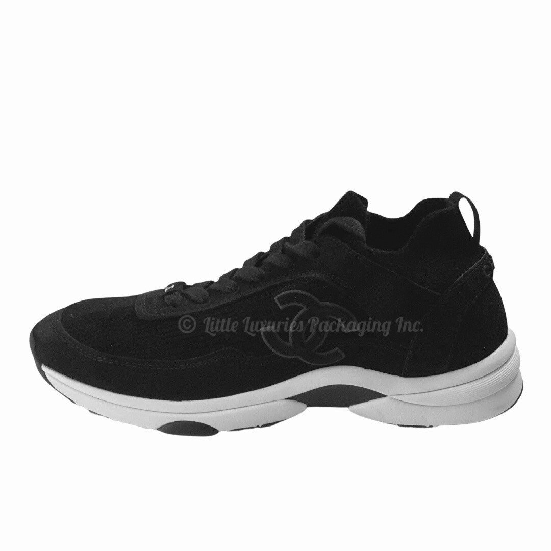 Authentic Chanel Women's Black/Black Knit Fabric Suede Calfskin CC Logo Sneakers image 2