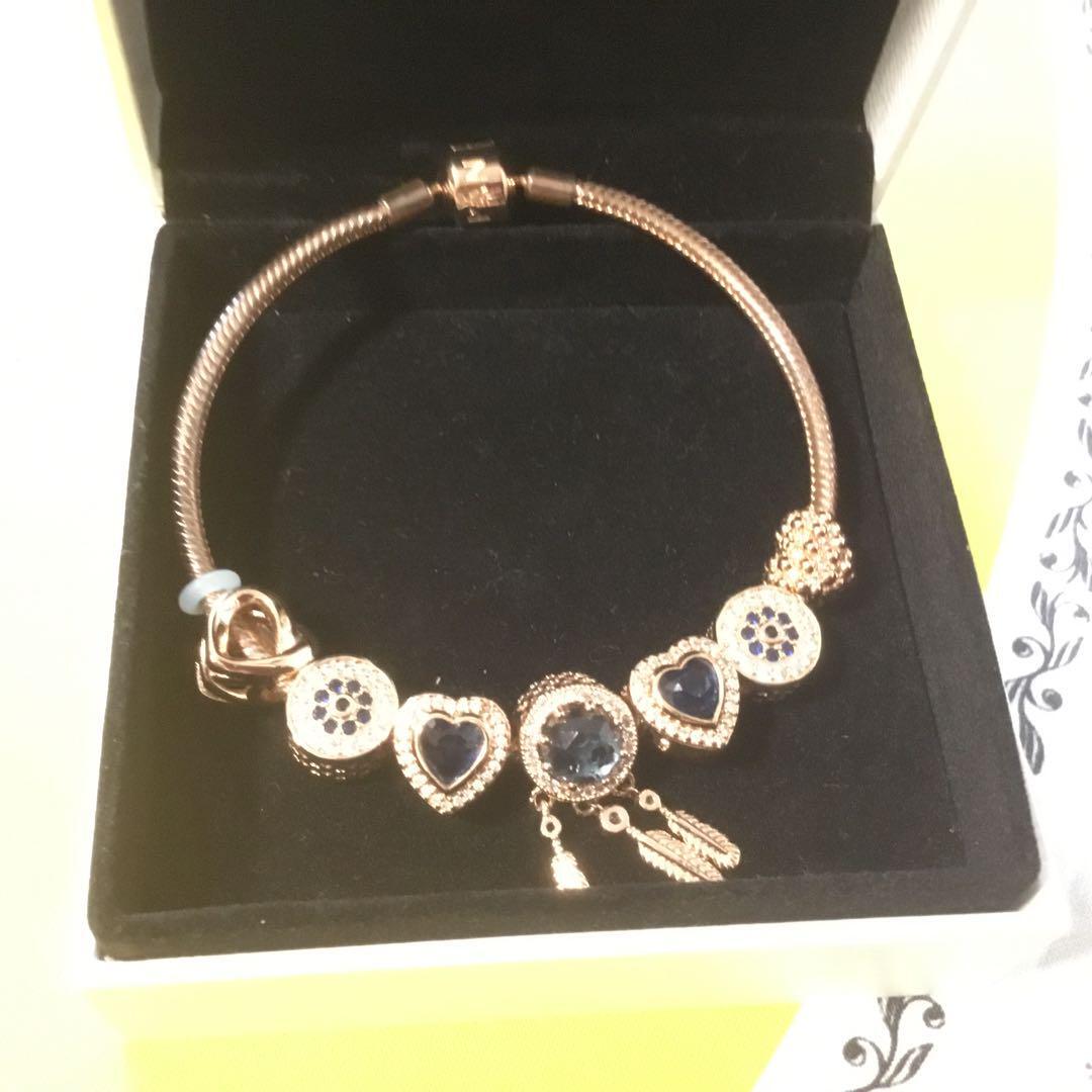 PANDORA Pandora Bracelet 7 Charms Rose Gold Heart Dream Catcher Blue With Box