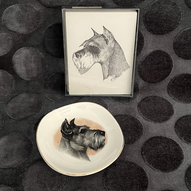 Schnauzer Dog Porcelain Dish & 7 Blank Schnauzer Cards by DK Dennis & Envelopes