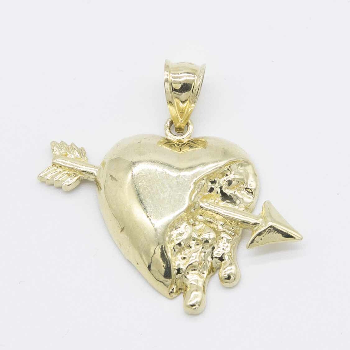 1 1/4" Textured Heart with Arrow Pendant Real Solid 10K Yellow Gold