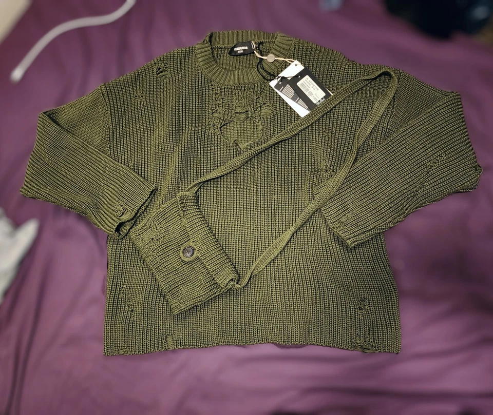 Dsquared Woven Distressed Thrashed Knit Sweater With Sling Bag Pouch XXXL - Image 3 of 4