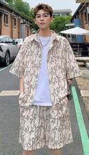 Men's Youth Short Sleeve Loose Graffiti Lapel shirt Tops Short Pants Summer 2pc