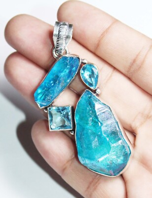 Sun Shine Druzy HydroBlue Topaz Gemstone Handmade Jewelry Pendant Size 3 inches