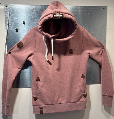 NAKETANO Brave New Word Pullover Hoodie Cowl Neck Heathered Pink Owl Badge L