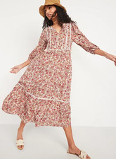 Old Navy Floral Print Tie Neck 3/4 Sleeve Cottagecore Maxi Dress Womans Size 4X