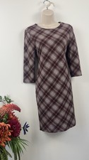 New Look Check Tartan Shift Dress Size 12 Burgundy Grey Stretch Midi