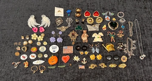 Lot of Vintage Costume Jewelry ~ Mostly Clip Earrings Pin Button 60+ pc