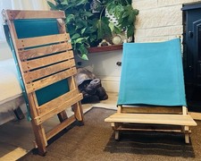 Pair sturdy hardwood folding deck chairs, teal canvas, fold flat.
