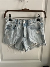Garage - Light Wash Distressed Raw Hem Denim Shorts - Blue - Juniors Size 0