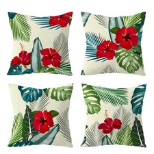 Green Palm Leaf Red Floral Throw Pillow Case Sofa Pillowcase Cushion Cover of 4