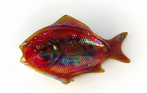 FENTON 5083 UR Fish Dish  8  1/2 “ Stamped Iridescent Red/yellow/Blue Tray w/BOX