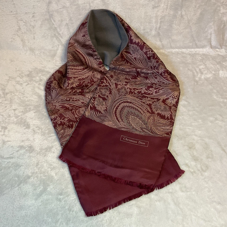 Vtg Christian Dior Scarf Felt Lined Burgundy Gray Paisley Fringe Neck Warmer 26L - Image 2 of 4