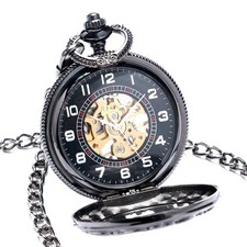 Steampunk Skeleton Pocket Watch Hand-Wind Arabic Dial Dad Men's Short Chain Gift