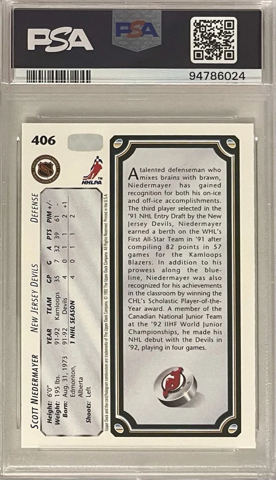 Scott Niedermayer Rookie 1992-93 Upper Deck Star Rookies #406 (RC) PSA 9 Devils - Image 2 of 2