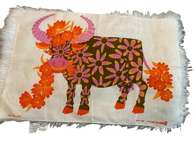 1970s Daisy Cowfor Oxfam Linen Tea Towel By Belinda Lyon Rare Excellent Con.