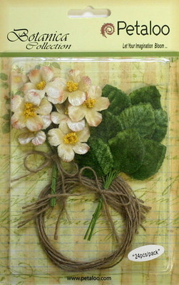 Velvet Fabric CREAM 12 Mini BLOSSOMS 25mm & 12 Leaves 25x30mm Jute Tie Petaloo