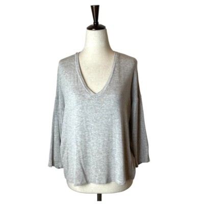 Mango MNG Shirt Women XS Gray Knit Drop Shoulder V Neck Oversized Top