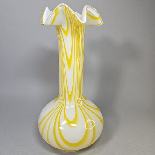 Yellow White Glass Vase Swirl Hand Blown Ruffle Whimsical Quirky Primary Color