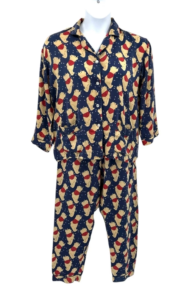 Vintage Liz Claiborne Winnie The Pooh Silk Pajamas Top & Bottom Set Navy *SEE - Image 3 of 4