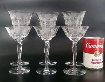 (6) VINTAGE MORGANTOWN MAYFAIR STEMMED ETCHED ELEGANT GOBLET COCKTAIL GLASSES