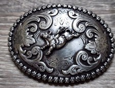 Vintage Nocona Western Belt Buckle Bull Rider Rodeo Silver Tone Floral Engraved