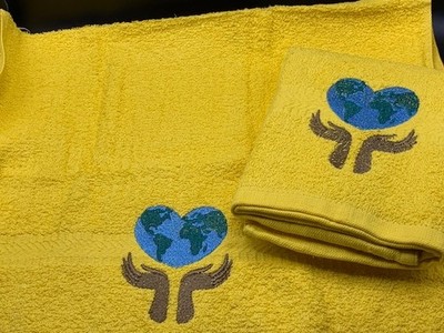 NEW Set 2 Yellow HAND Towels Hands Heart Earth embroidered Free Shipping