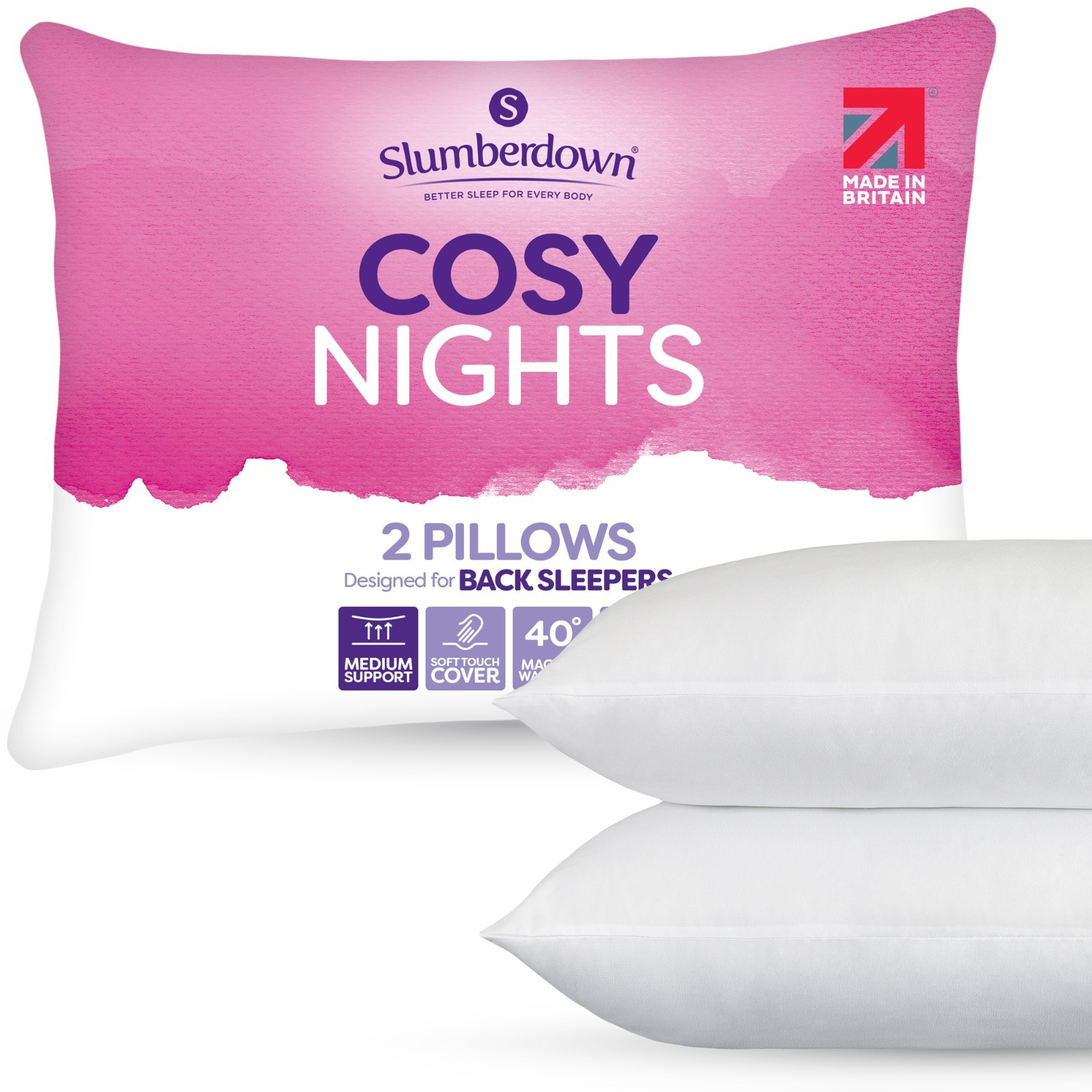 B&Q - Cosy Nights Pillows 2 Pack Medium Support Front Sleeper Pillows For Neck Pain Relief Comfortable 48X74Cm - Image 2