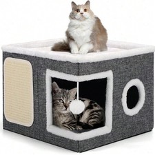 Foldable Cat House 2 Level Cat Bed Tunnel Scratcher Cushion Non Slip Grey