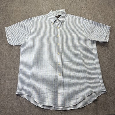 Brooks Brothers Irish Linen Shirt Men L Blue White Striped Button