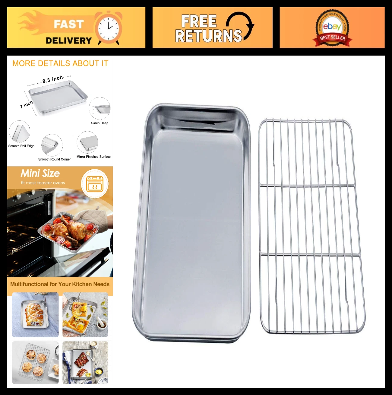 Stainless Steel Toaster Oven Tray & Rack Set, 9.3" x 7", Non-Toxic, Easy Clean