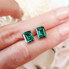 3 Ct Emerald Cut Green Diamond Women's Stud Earrings 14K White Gold Finish