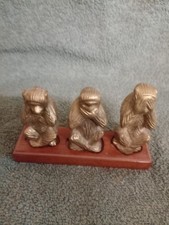 Three Wise Monkeys Brass  Figures With Teak Stand