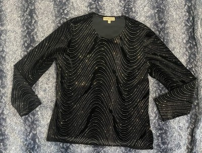 Notations Women s Large Black & Gold Glittery Long Sleeve Velvet Top