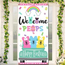 Easter Decorations Colorful Bunnies Eggs Flowers Welcome Peeps Door Cover 35x71"