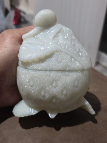 Antique Portieux Opaline Milk Glass Strawberry & Snail Covered Dish & Lid