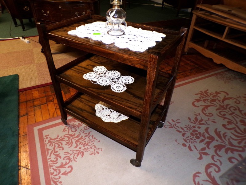 Antique Oak Tea Bar Cart refinished 1900's era serving cart on wheels