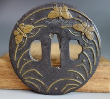 Tsuba guard butterfly brass inlay Japan Samurai Sword fitting Edo