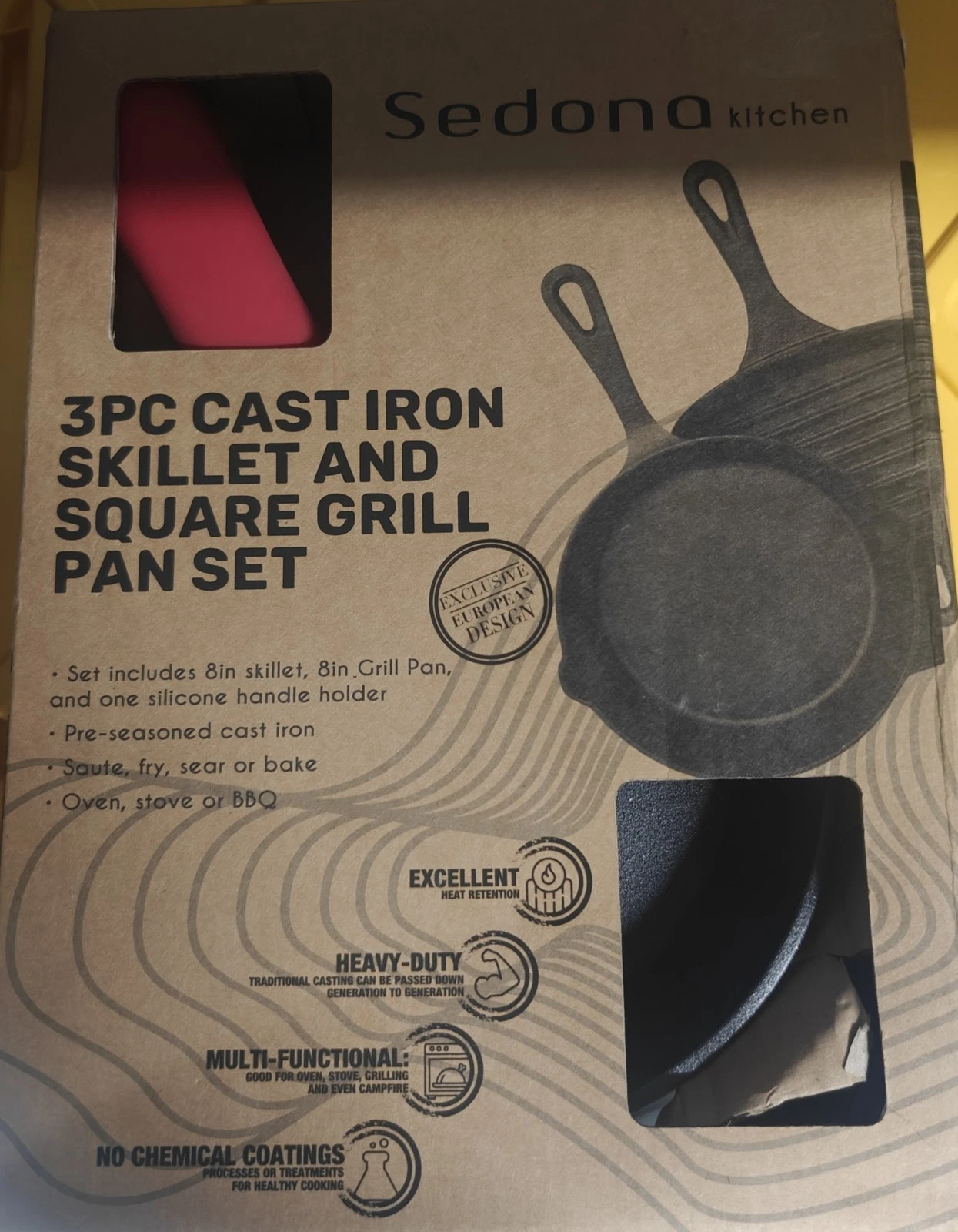 Cast Iron 2-Pc. Skillet & Grill Pan Set plus Handle Holder
