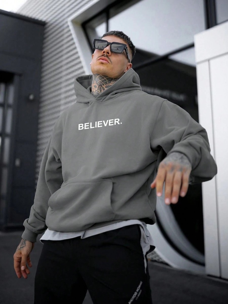 Oversized Cotton Hoodie Believer Letter Print Casual Sweatshirts Hooded Top