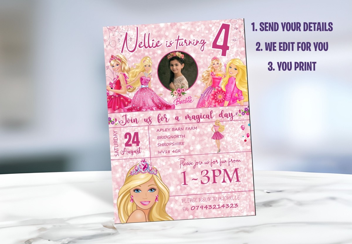 Personalised Barbie Birthday Photo Invitations Invite Party UK