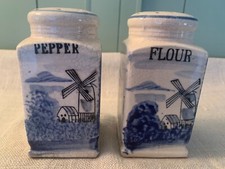 Vtg Delft Blue White Flour & Pepper Shaker Muffineer Windmill Boats Lake Japan