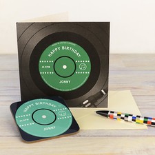 Personalised Coaster Greeting Card - Happy Birthday - Vinyl Record Design