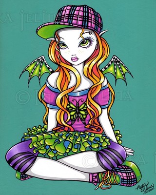 Punky Rainbow Butterfly Cute Fairy Art Signed PRINT Big Eyed Micky Myka Jelina