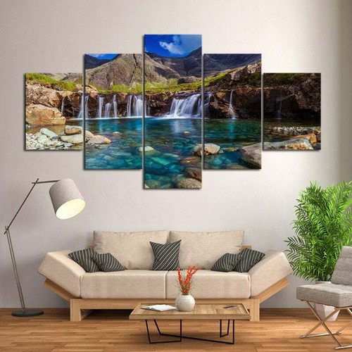 Multi Panel Print Mountain Waterfall Canvas Wall Art Rocky Spring Lake 5 Piece - Picture 8 of 11