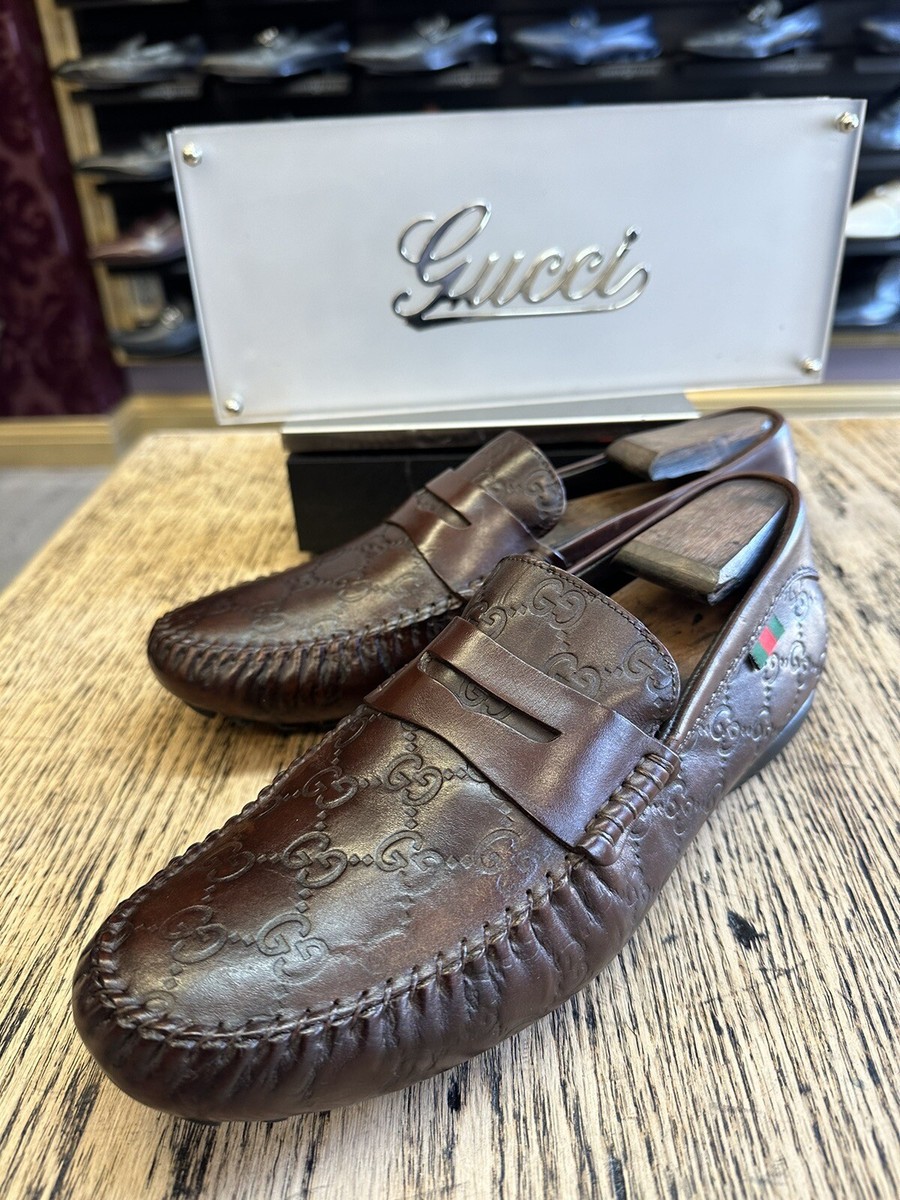 Mens Brown GG Gucci Supreme Leather Loafers Drivers Sz 8 G  display picture 1