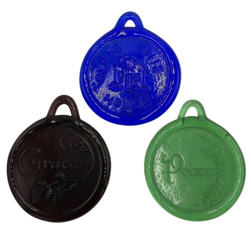 3 Religious Glass Sun Catchers Bless This House Peace Grace Hanging Ornament Lot