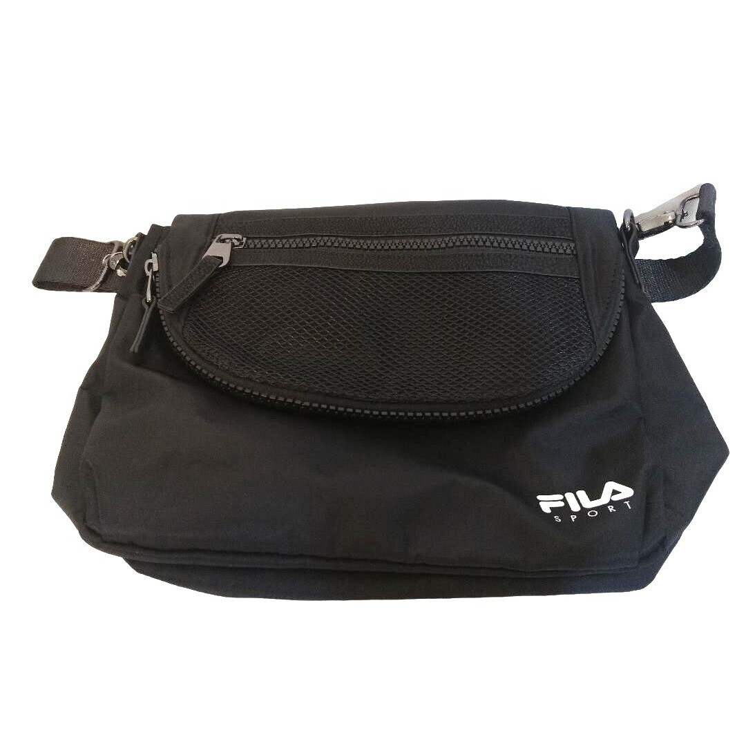 FILA Sport Handbag Crossbody Bag Black Adjustable Strap 3 Zipper Snap Button