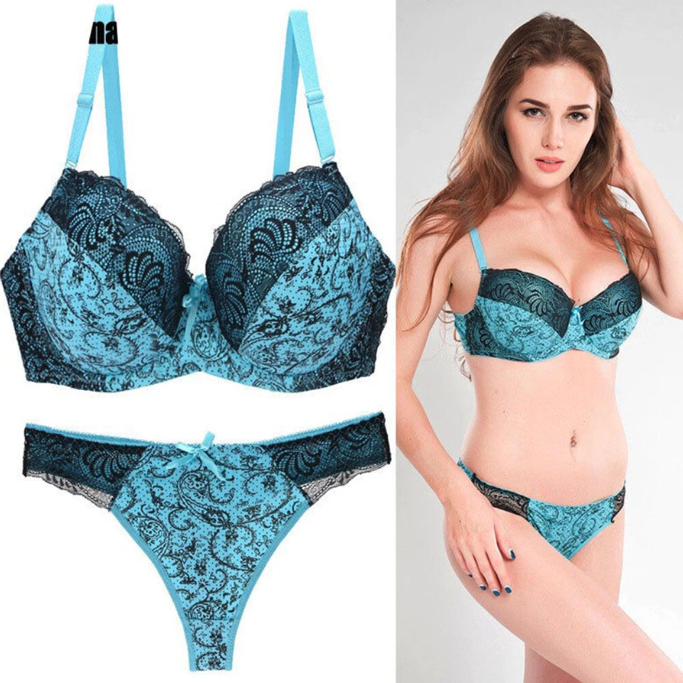 Sexy Conjunto de sujetador push up de encaje foral lencería acolchada extrema conjunto B C D DD E Foto 4 de 4